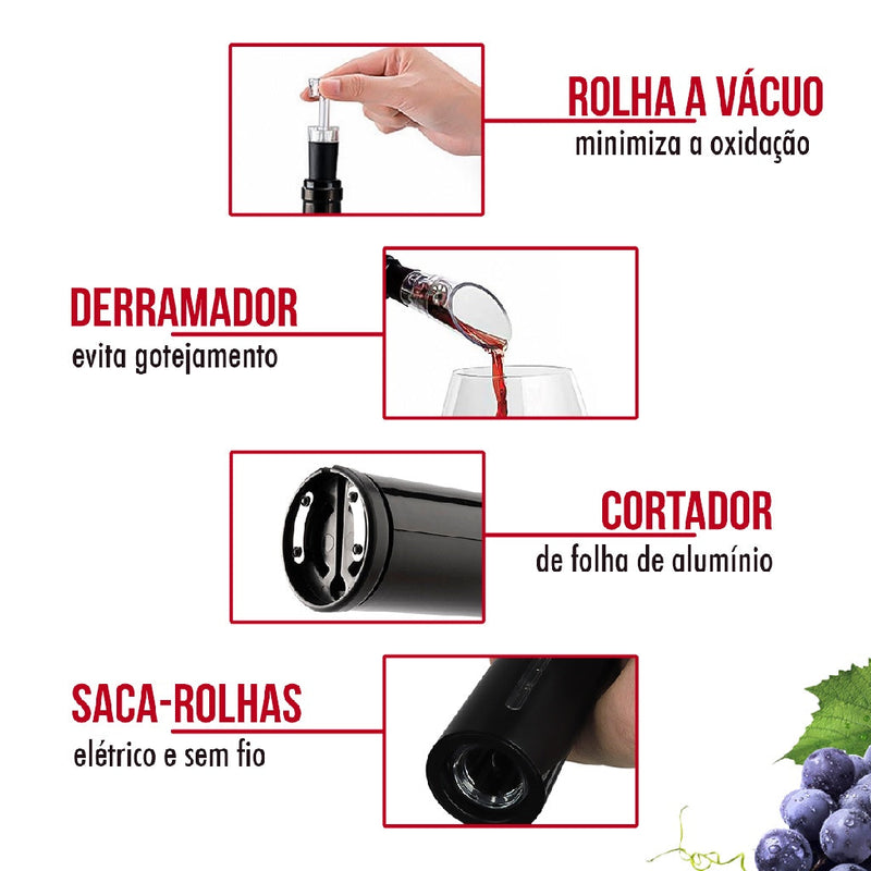 Abridor vinho garrafa saca rolha elétrico kit automático