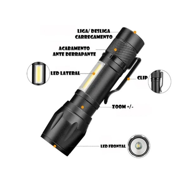 Mini Lanterna Tática Com Led E Zoom Recarregável