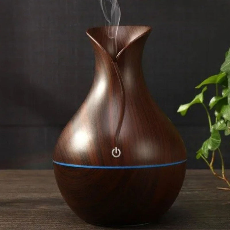 Umidificador Design de Vaso Aromatizador Silencioso textura de Madeira Recarregável com LED SU